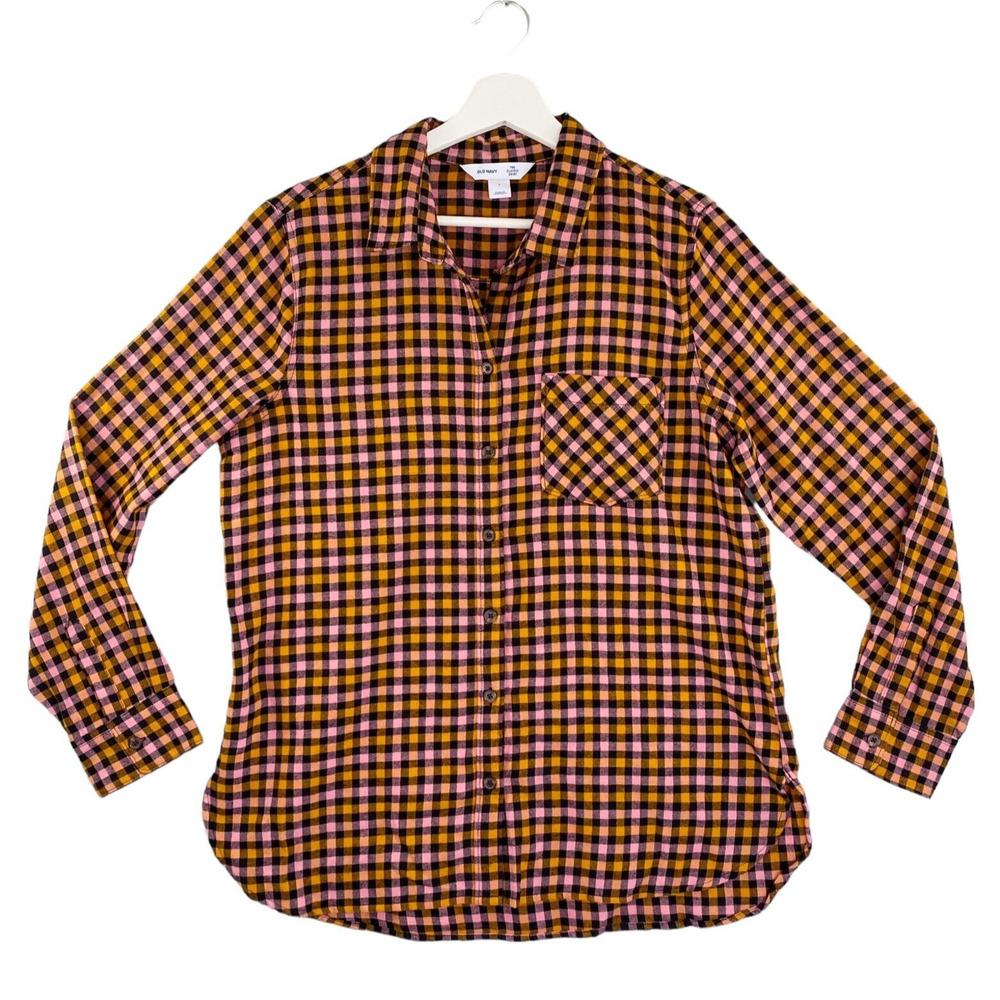 Old Navy The Classic Shirt Womens Large Flannel Black/Orange/Pink Gingham Plaid